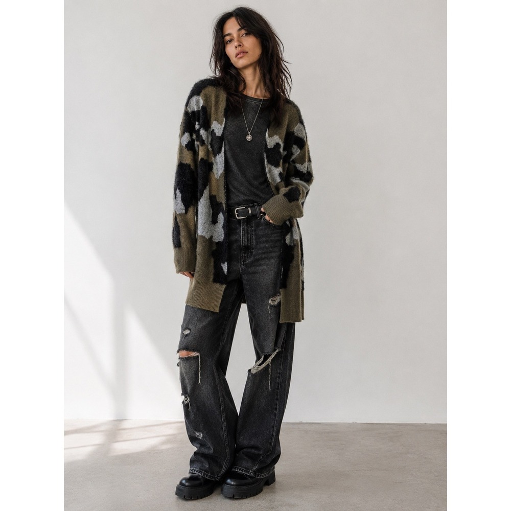 Black Tape Camo Eyelash Knit‎ Cardigan Size S Open Front Long Cozy Grunge